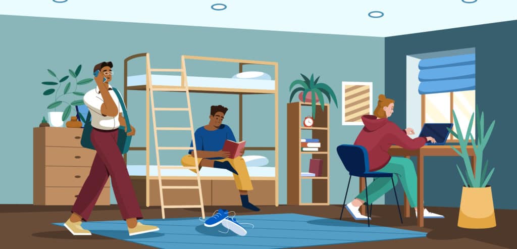 flat students in dormitory room preparing for exams