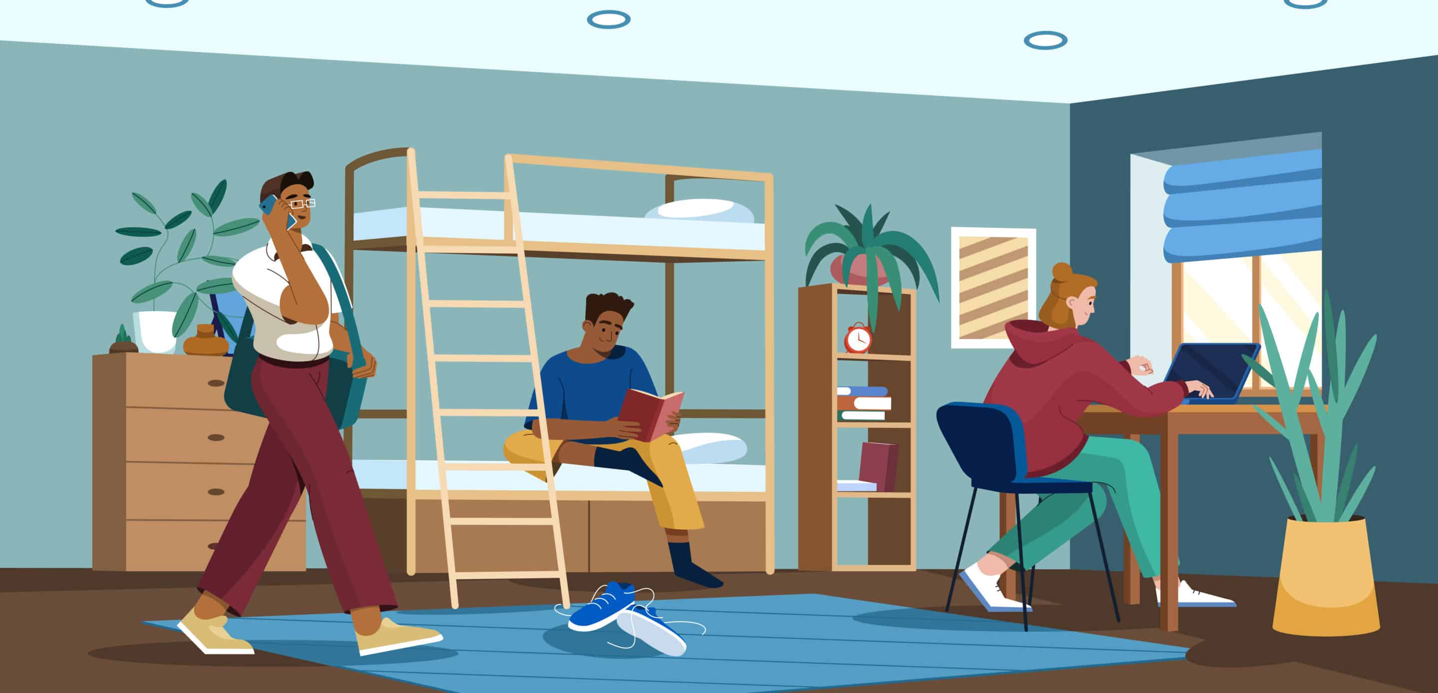 flat students in dormitory room preparing for exams